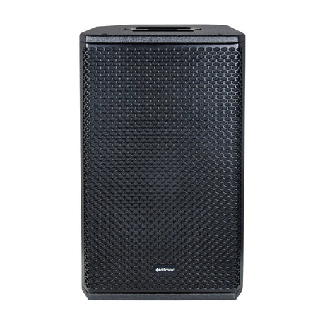 Citronic CORVA-10A 450W active PA speaker cabinet with black mesh grille, plywood enclosure, and top pole-mount socket, shown front-on on white.