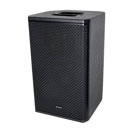Citronic CORVA-10A 450W active PA speaker cabinet with black mesh grille, top carry handle, and pole-mount socket, shown at an angle on a white background.