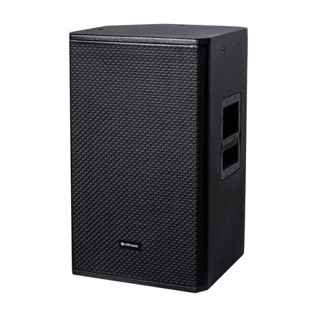 Citronic CORVA-12 passive PA speaker in black plywood with polyurea finish, mesh grille front and side handle, shown at an angle on a white background.