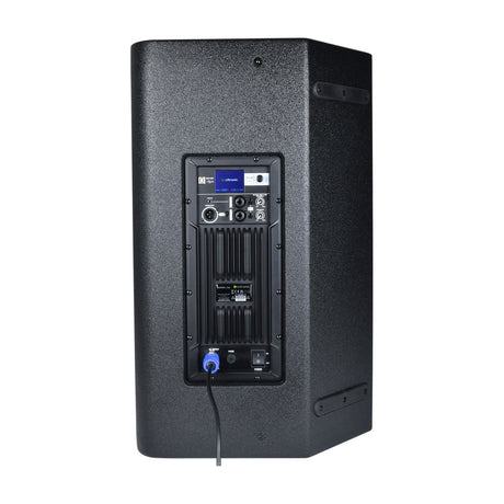 Rear view of the Citronic CORVA-15A active PA speaker cabinet in black with DSP display, XLR and jack inputs, Powercon AC input, and side handle.