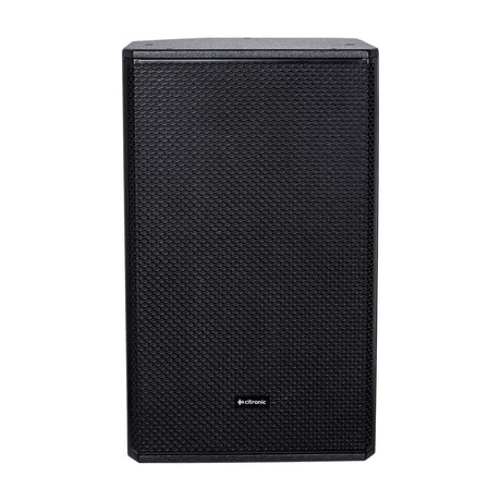 Citronic CORVA-15 passive full-range PA speaker cabinet in black with mesh grille and polyurea-finish plywood enclosure on a plain white background.