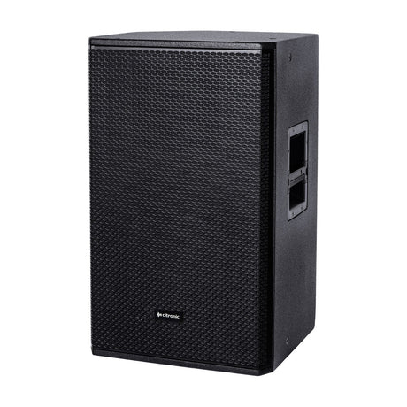 Citronic CORVA-15 passive full-range PA speaker cabinet in black with mesh grille, side handle and polyurea-finished plywood enclosure on a white background.
