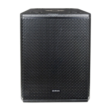 Citronic CORVA-10SA 450W active ported subwoofer cabinet with powder-coated steel mesh grille, pole mount socket on top, front view on white.