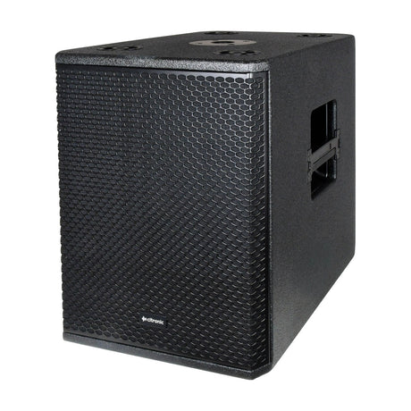 Citronic CORVA-10S passive subwoofer cabinet in black with powder-coated steel grille, side carry handle, and top-mounted SPK sockets with pole socket.