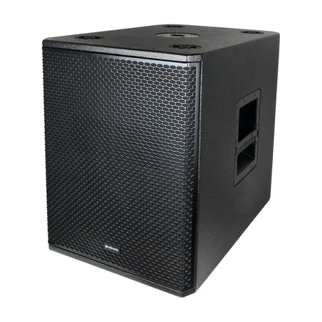 Citronic CORVA-12SA active 700W subwoofer cabinet in matte black with mesh grille, side carry handles and top pole mount socket.