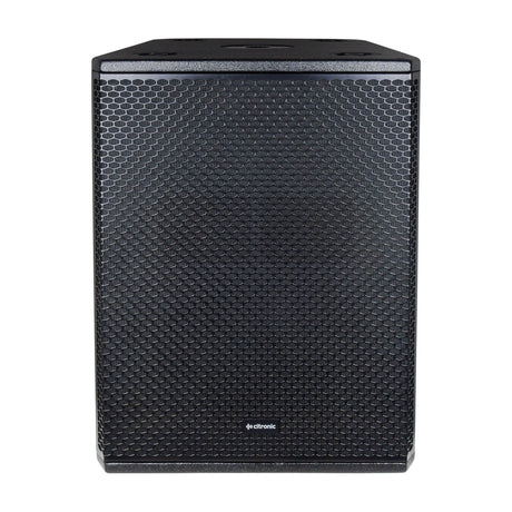 Citronic CORVA-12S passive subwoofer cabinet with black polyurea-coated ply enclosure, powder-coated steel grille, and top pole mount socket.
