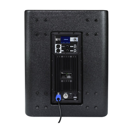 Rear view of Citronic CORVA-15SA active subwoofer showing class-D amp panel with DSP display, XLR inputs, volume controls, USB port and Powercon input.