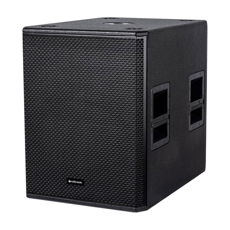 Citronic CORVA-15S 1500W passive subwoofer cabinet in black with mesh grille, side carry handles and top pole mount socket.