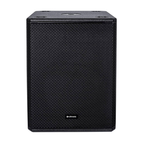 Citronic CORVA-15S 1500W passive subwoofer cabinet in black with steel mesh grille and top pole mount socket, shown on a plain background.