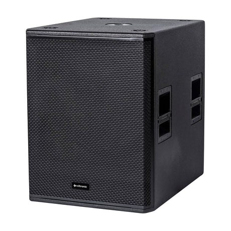 Citronic CORVA-18SA 2000W active subwoofer cabinet in black with steel mesh grille, side carry handles and top pole mount socket, on a white background.