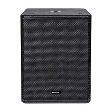 Citronic CORVA-18S passive subwoofer cabinet in black with powder-coated steel grille, top pole mount socket, shown on a plain white background.