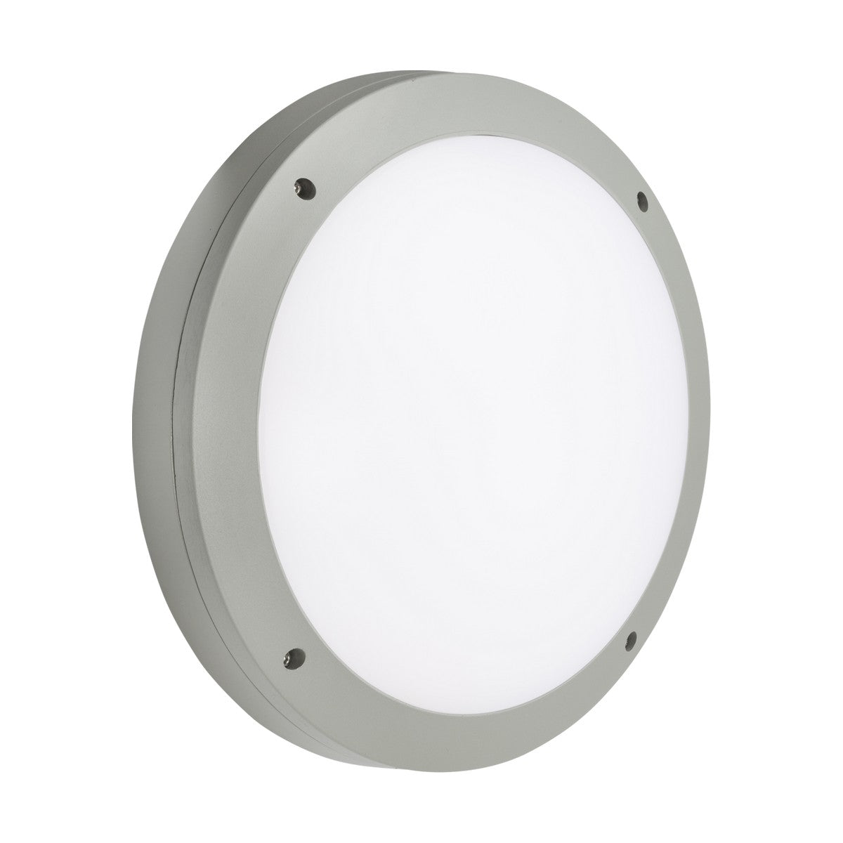 The 18W Outdoor CCT LED Bulkhead - Grey is a round light fixture featuring a white frosted diffuser, a gray metallic rim, and visible screws for wall-mounting. It boasts a simple and modern design, is IP65-rated for outdoor use, and includes CCT adjustable settings to fit any ambiance.