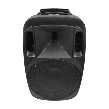 Front view of the QTX XCAB-15 15" full-range moulded PA speaker cabinet in black with top handle, horn tweeter and grille-covered woofer, on a white background.