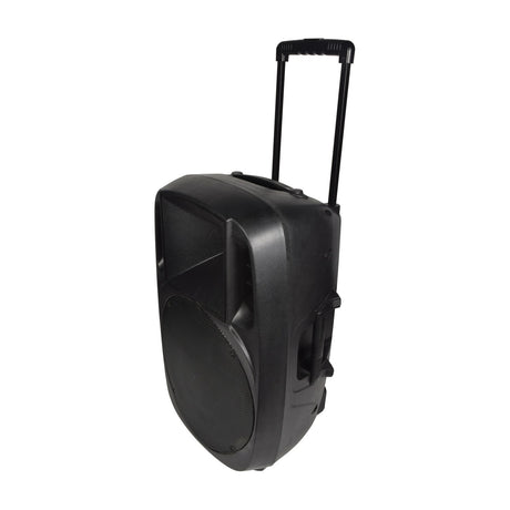 QTX XCAB-15 15" full-range moulded PA speaker cabinet by AVSL in black, with extended trolley handle, side grips and pole-mount socket, on a white background.