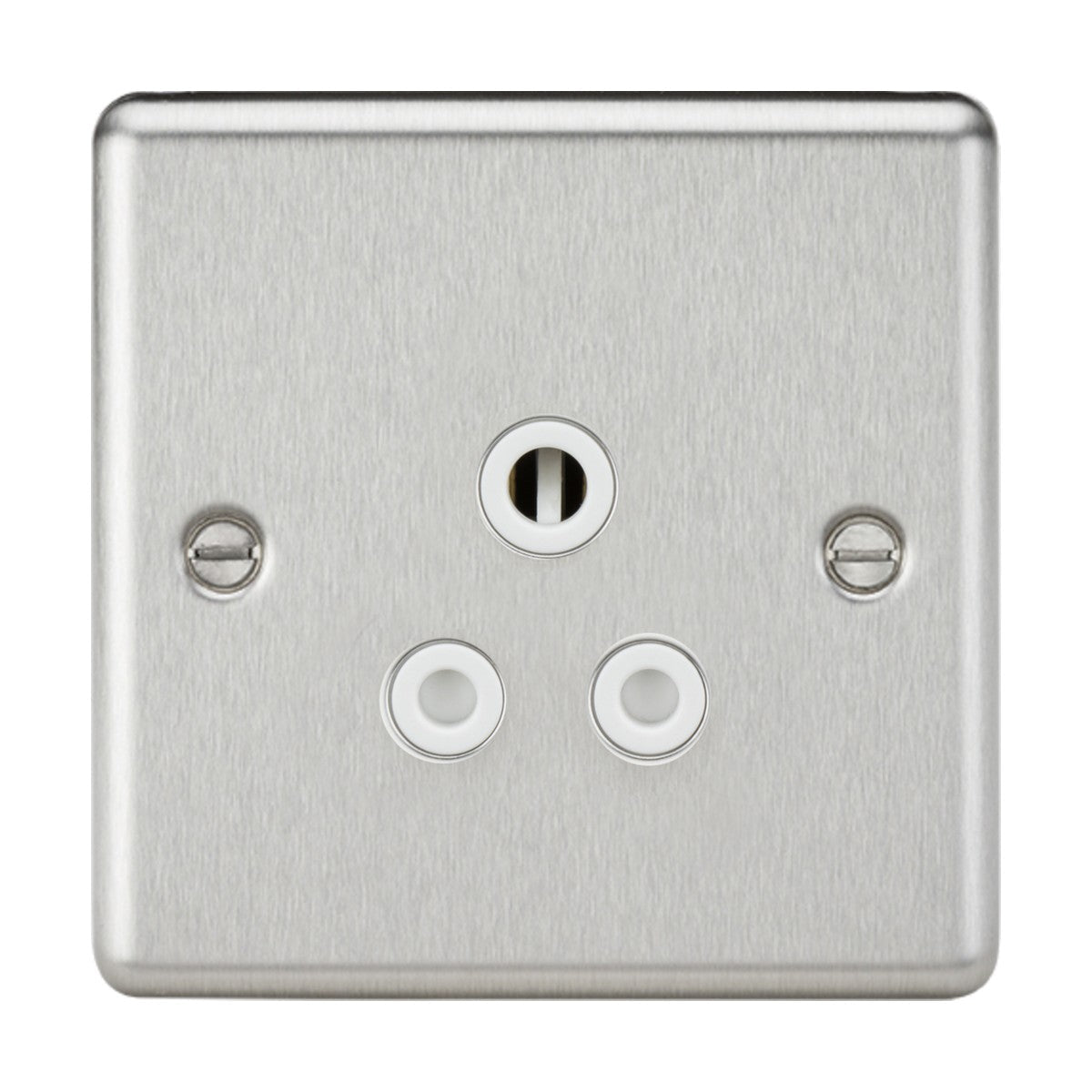 The 5A Unswitched Socket in a brushed chrome finish with a white insert features a single central socket flanked by two circular buttons below it. With its smooth texture, visible screws on each side, and rounded edge design, it introduces an understated decorative element to any room.