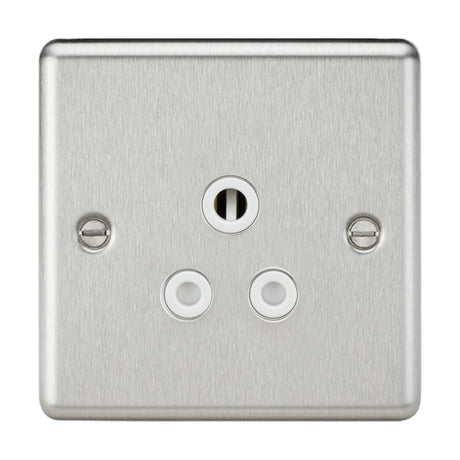 The 5A Unswitched Socket in a brushed chrome finish with a white insert features a single central socket flanked by two circular buttons below it. With its smooth texture, visible screws on each side, and rounded edge design, it introduces an understated decorative element to any room.