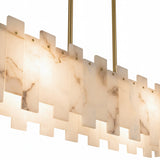 The Zarelli 8 Light Interlocking Panel Alabaster Linear Chandelier in Soft White & Brass features overlapping rectangular alabaster panels and slender brass rods, offering a warm, translucent glow against a plain white background.