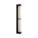 The Arelis LED Linear Alabaster Wall Light in soft white and black has a slim, vertical design with cylindrical alabaster and stylish black accents, providing modern wall lighting for any space.