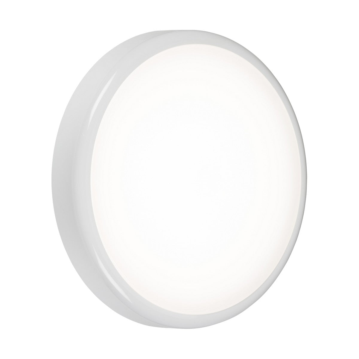 The 20W Outdoor CCT LED Bulkhead With Corridor Function features a round, white design that is sleek and minimalist, providing energy efficiency. It emits a bright, even glow ideal for enhancing any space against its plain white background.