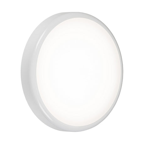 The 20W Outdoor CCT LED Bulkhead With Corridor Function features a round, white design that is sleek and minimalist, providing energy efficiency. It emits a bright, even glow ideal for enhancing any space against its plain white background.
