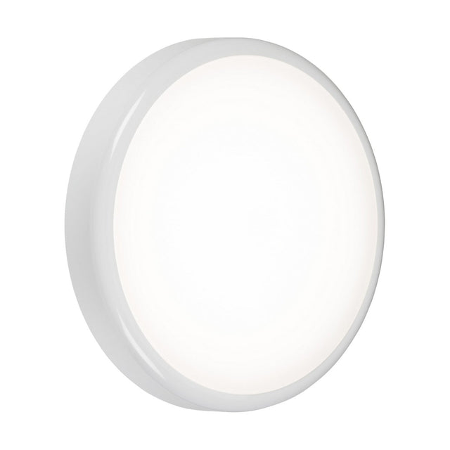 The 20W Outdoor CCT LED Bulkhead With Corridor Function features a round, white design that is sleek and minimalist, providing energy efficiency. It emits a bright, even glow ideal for enhancing any space against its plain white background.
