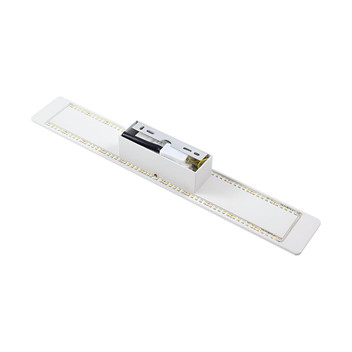 Viewed from above on a white background, the Flara LED Wall Light 23W 3000K - White, 53cm is a long, rectangular fixture featuring a sleek white frame and an integrated metal box housing its electrical components. This contemporary lighting solution offers energy-efficient illumination suitable for any space.