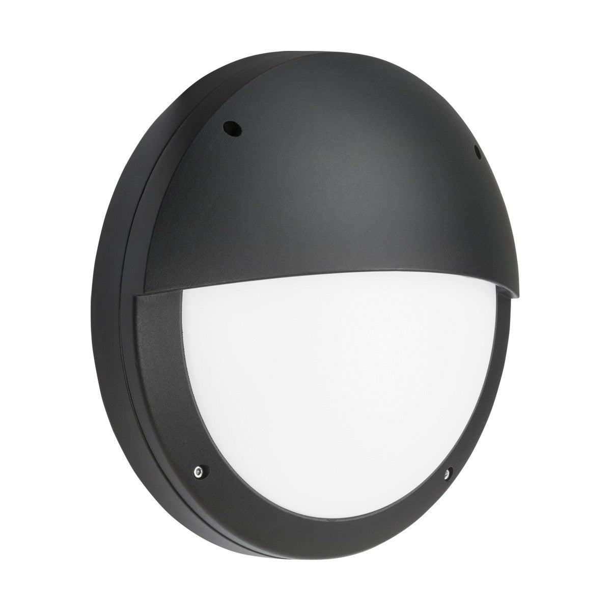 The 18W Outdoor CCT LED Eyelid Bulkhead With Microwave Sensor in black, designed for exterior walls, is crafted from die-cast aluminium and features a half-covered white diffuser. This IP65-rated fixture combines durability and style with its sleek, modern appearance and two small screws visible on the lower half for mounting.