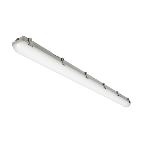 The Single 5ft 26W/48W IK08 CCT Emergency Non-Corrosive Batten IP65 is a long rectangular LED fixture featuring a smooth, white finish and metal clips along the sides. It's designed for ceiling mounting in commercial settings, offering bright, even illumination while being energy-efficient.