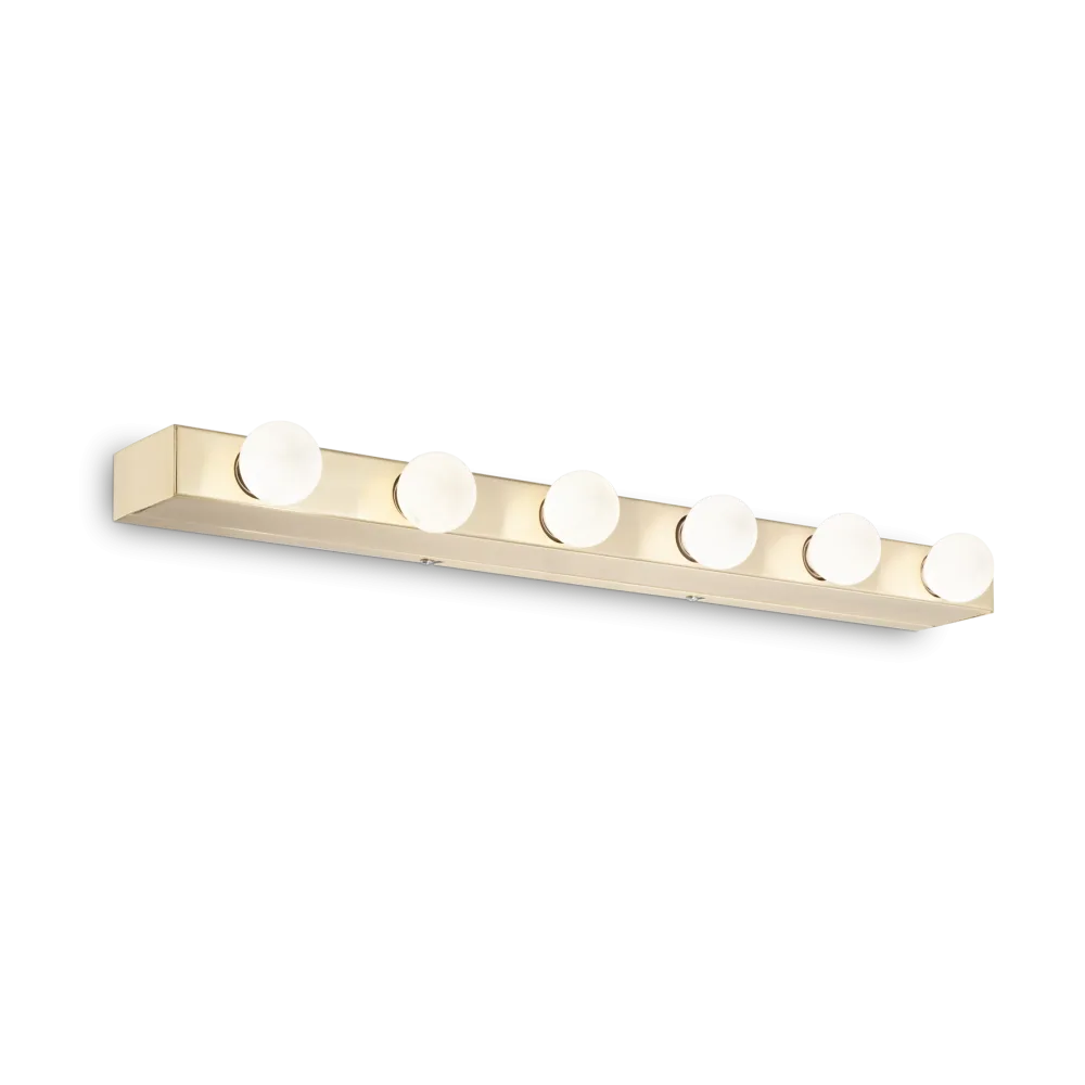 The Eclipsea 6 Light Bar Wall Light in brass is a versatile lighting fixture featuring six evenly spaced round white bulbs, perfect for providing ample illumination in your bathroom or makeup area.