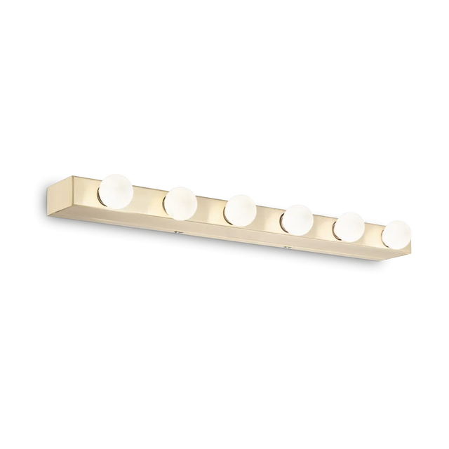 The Eclipsea 6 Light Bar Wall Light in brass is a versatile lighting fixture featuring six evenly spaced round white bulbs, perfect for providing ample illumination in your bathroom or makeup area.