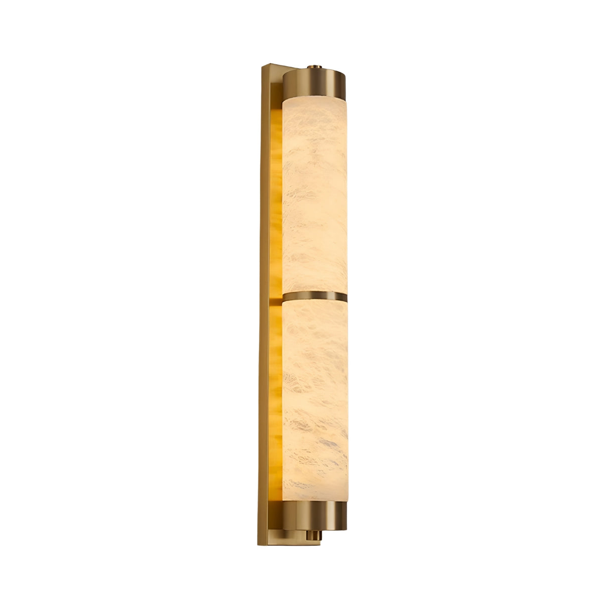 The Arelis LED Linear Alabaster Wall Light features a vertical brushed brass frame and two alabaster shades, delivering a warm, soft white glow in a modern design.
