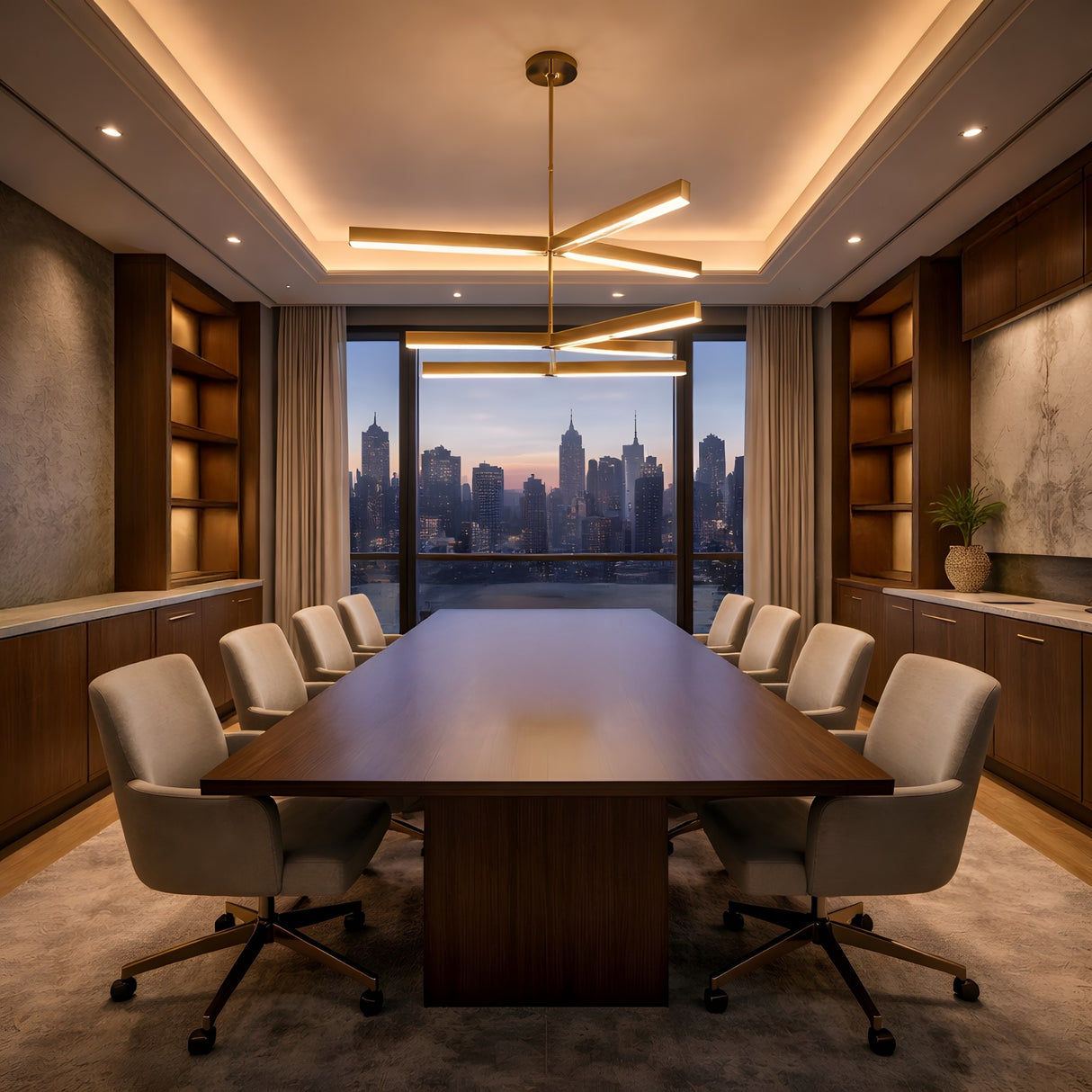 A modern conference room with a large wooden table, eight gray chairs, built-in shelves, warm lighting from the Elvaris LED 2 Tier Radial Alabaster Chandelier in Brushed Brass & Soft White, and a city skyline visible through a large window at sunset.