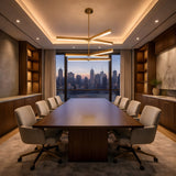 A modern conference room with a large wooden table, eight gray chairs, built-in shelves, warm lighting from the Elvaris LED 2 Tier Radial Alabaster Chandelier in Brushed Brass & Soft White, and a city skyline visible through a large window at sunset.