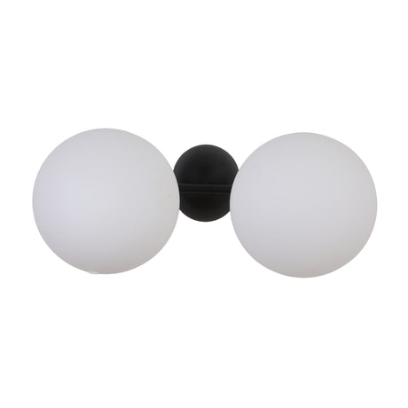 The Vetra 2 Light Opal Glass Wall/Semi-Flush Ceiling Light features two large opal glass globes joined by a matte black circular center, offering a modern minimalist look, shown front-facing against a white background.