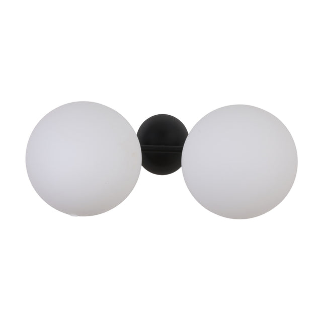 The Vetra 2 Light Opal Glass Wall/Semi-Flush Ceiling Light features two large opal glass globes joined by a matte black circular center, offering a modern minimalist look, shown front-facing against a white background.
