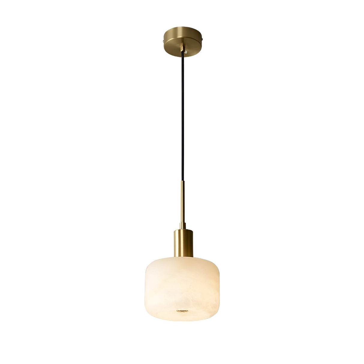 The Nerix 1 Light Large Drum Alabaster Single Pendant Light in soft white and brushed brass features a modern design with a frosted glass shade, black cord, and elegant ceiling mount.