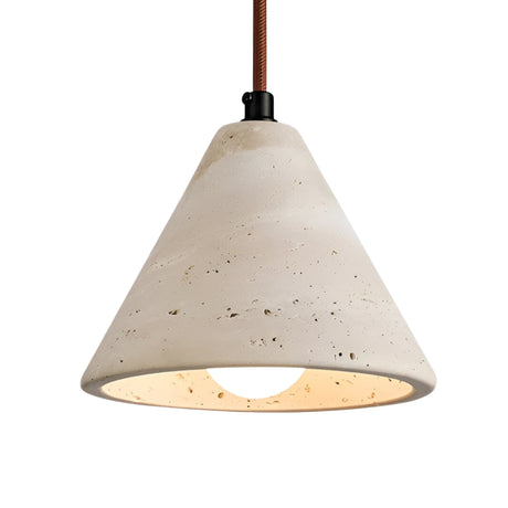 The Sorella 1 Light Wide Cone Travertine Single Pendant Light in light beige features a conical textured shade and brown cord—ideal as a modern statement piece for any contemporary setting.