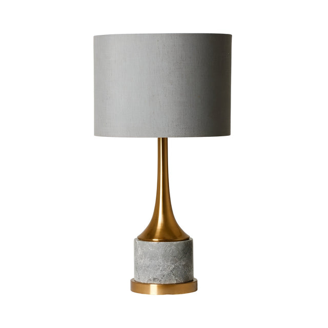 The Marvello 1 Light Angular Marble Table Lamp in white and brass features a wide fabric shade, slender brass stem, and round white marble base with a brass accent for refined elegance.