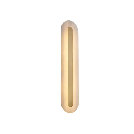 The Averra LED Medium Round Alabaster Wall Light in soft white and brass features a modern design with a central vertical cutout, emitting a warm glow, and is shown against a plain white background.