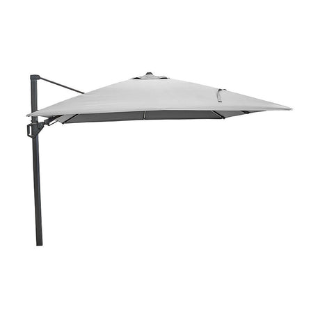 Glow Challenger T2 Luna Grey Cantilever Parasol, 3m square canopy in light grey fabric on a dark aluminium side arm and pole with tilt mechanism, shown on a plain white background.