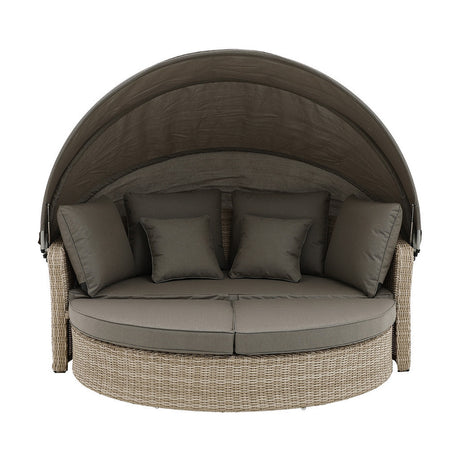 Sandy Beige Bermuda Day Bed Garden Furniture Set, 160cm, with retractable canopy, round woven base, and beige cushions, shown on a plain white background.