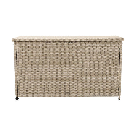 Sandy Beige Large Cushion Box K/D, a rectangular garden storage box with a woven synthetic finish and small castors, shown on a plain white background.