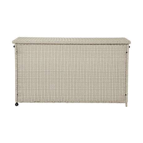 Stone Grey Large Cushion Box, 99cm tall garden storage box with hinged flat lid, synthetic woven finish, castors at base, shown on a plain white background.