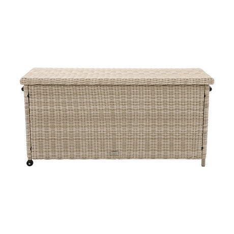 Sandy Beige Small Cushion Box, a rectangular garden storage box with hinged lid in woven synthetic rattan, beige finish, castor wheels, on a plain white background.