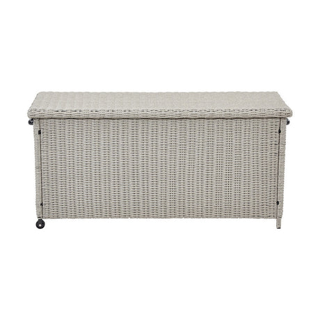 Stone Grey Small Cushion Box, a 64cm garden storage box with a hinged lid in synthetic grey weave over a steel frame, shown on castors against a plain white background.