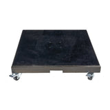 Modena square parasol base in polished black granite, 8cm tall with a central mounting plate and four castor wheels, shown on a plain white background.