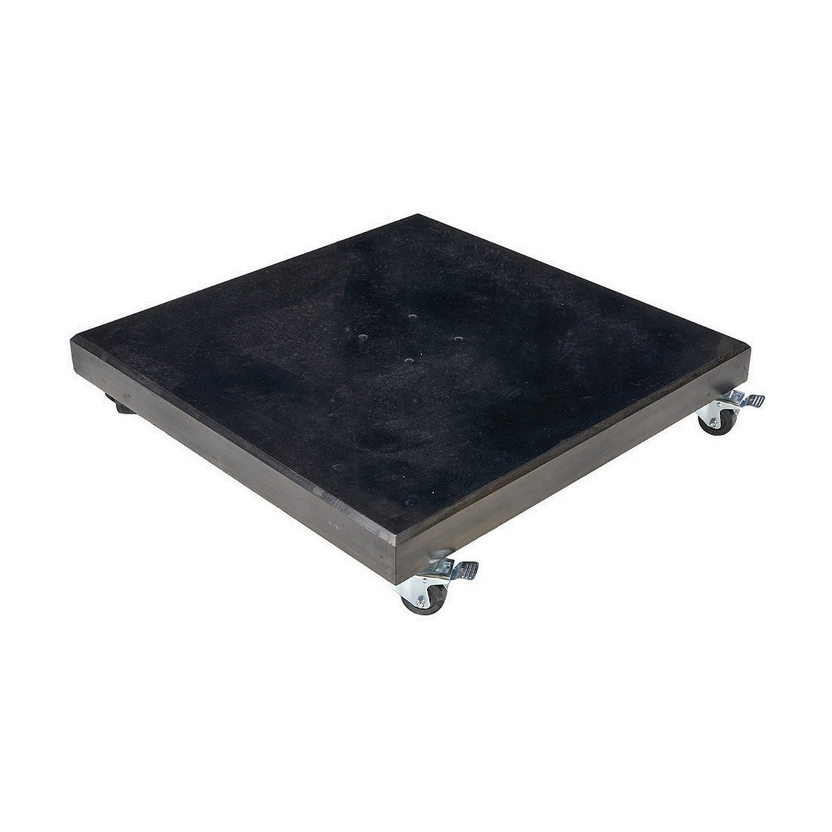 Modena Polished Black Granite parasol base, a square 8cm-thick slab with bevelled edges and lockable castor wheels, shown on a plain white background.