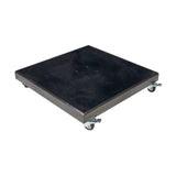 Modena Polished Black Granite parasol base, a square 8cm-thick slab with bevelled edges and lockable castor wheels, shown on a plain white background.