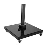 Modena polished black granite parasol base with square shape and castor wheels, shown supporting a black pole, on a plain white background.