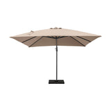 Challenger T2 taupe cantilever parasol with a 3m square canopy, off-centre aluminium mast, and weighted black base, shown on a plain white background.